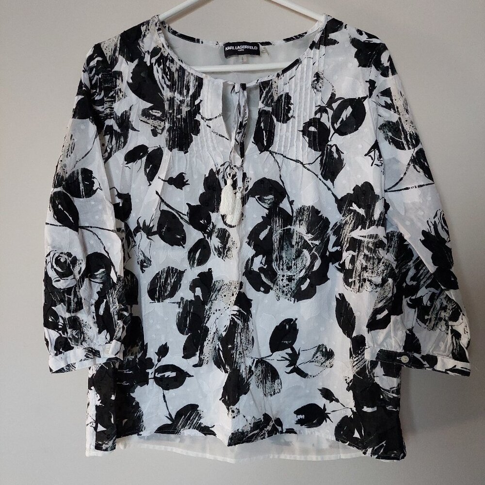 Karl Lagerfeld floral necktie boho blouse 3/4 sleeves tassel detailing Size L